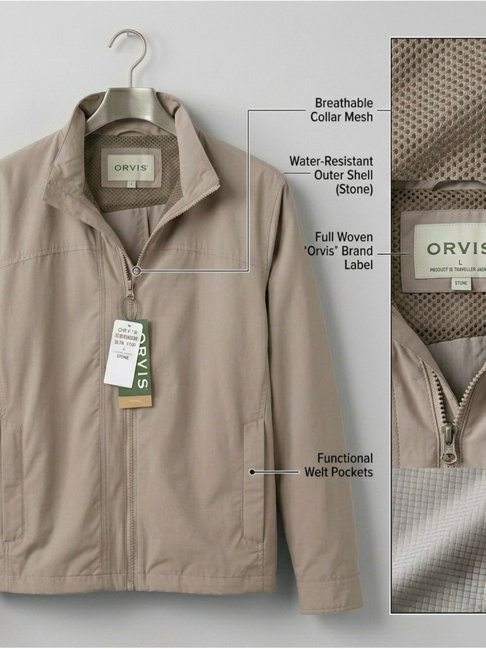 NWT Orvis Pack and Go Jacket Large Stone Travel Water Resistant Lightweight - Picture 3 of 8